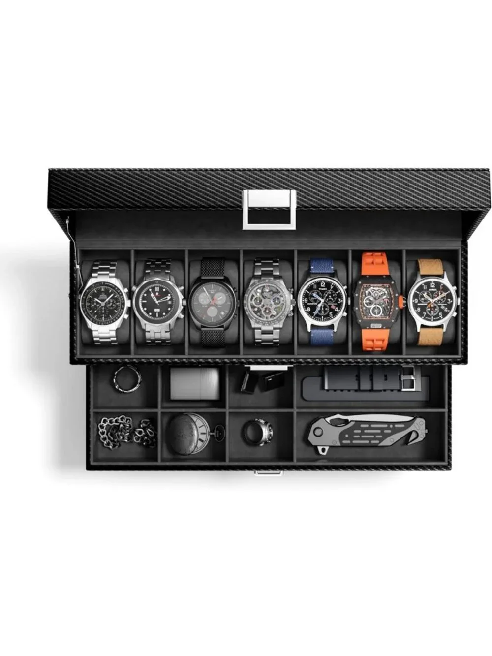 Men's Watch Case Box - 7-Slot Storage Organizer, Real Glass Display, Jewelry